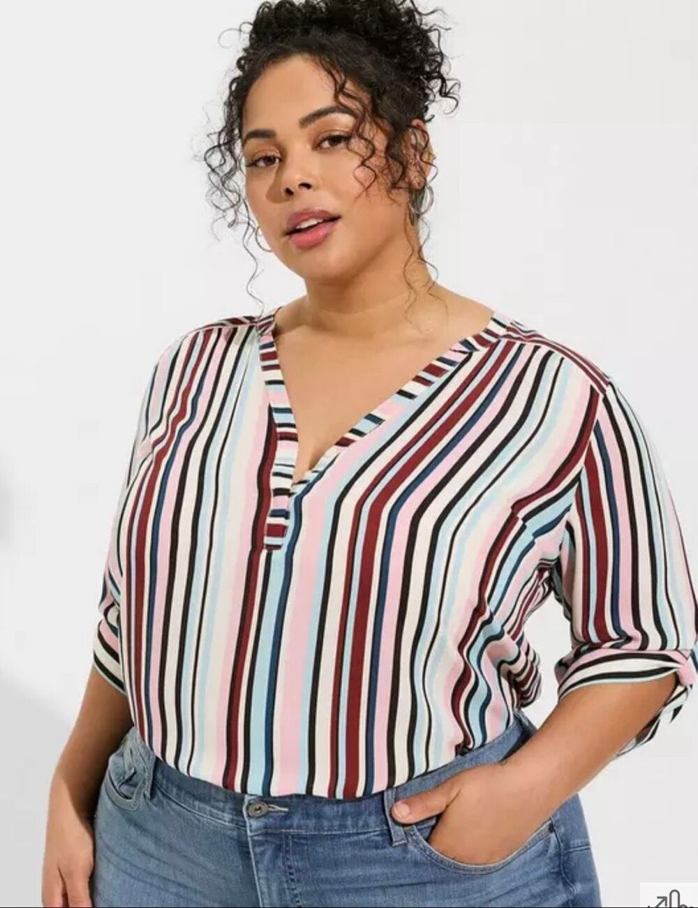 Torrid size 0 Harper Georgette 3/4 Sleeve Blouse striped top shirt multicolor